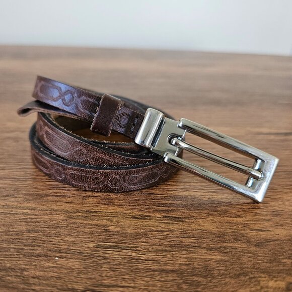 Silpada Designs Canada Thin Skinny Leather Brown Tooled Stamped Silver Belt L - Picture 1 of 9